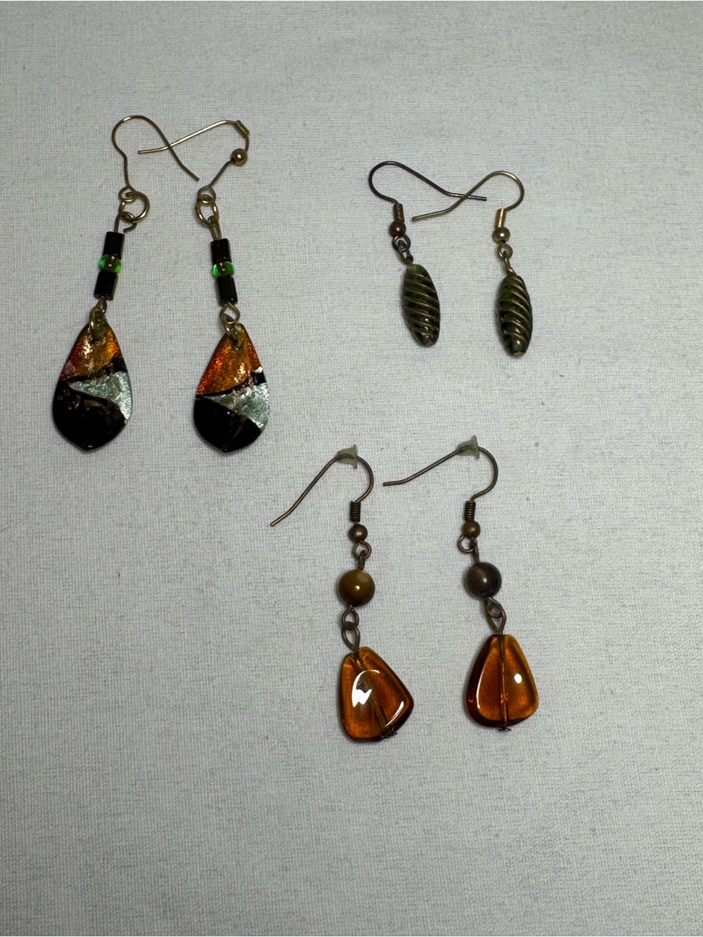 Lot of 3 Earth Tone Dangle Earrings Murano Style Art Glass Amber Acrylic Bronze
